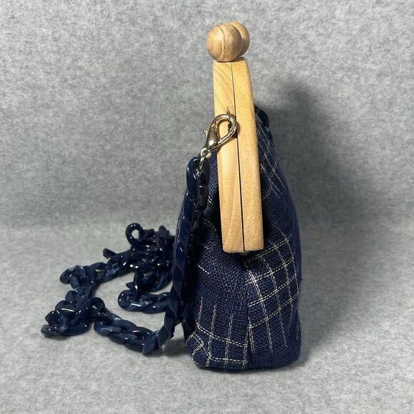 Pushi Blue Tweed Timber Handle Frame Clutch Detachable Strap Magnetic Closure - Picture 4 of 16